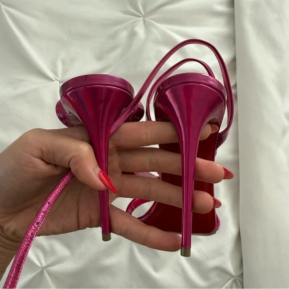 Christian Louboutin Shiny Pink Strappy Heels - Picture 4 of 6